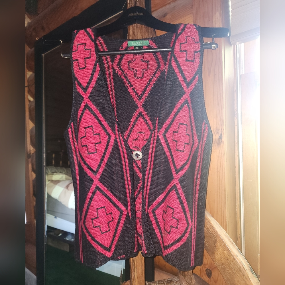 Vintage RALPH LAUREN woven Linen Knit Vest Large Boho Southwest Tribal